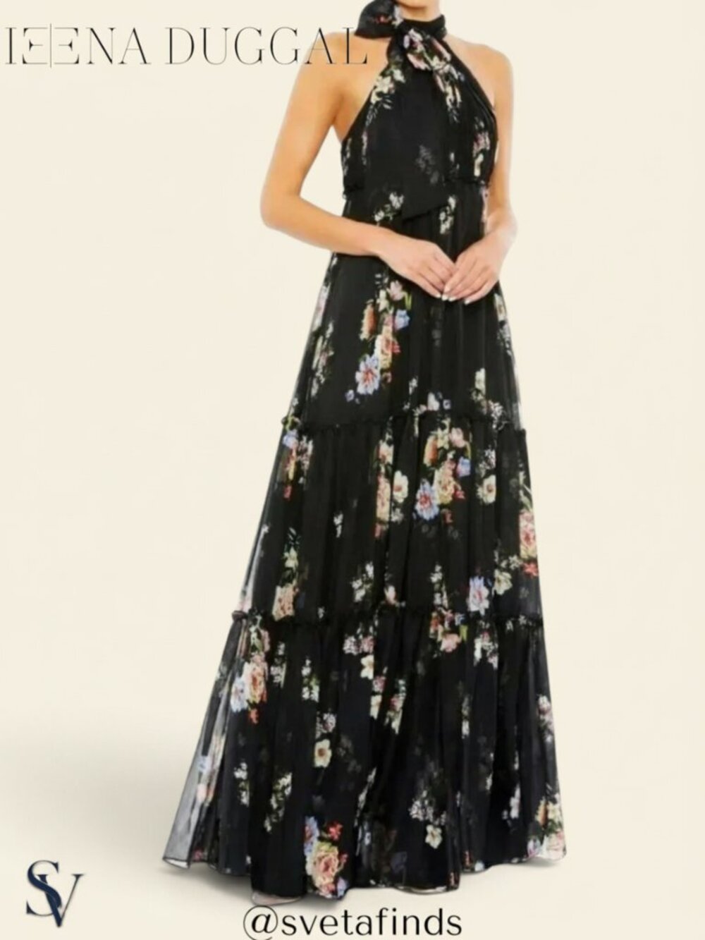 NWT Ieena for Mac Duggal Floral Print Ruched Tiered High Neck Bow Gown Size 10